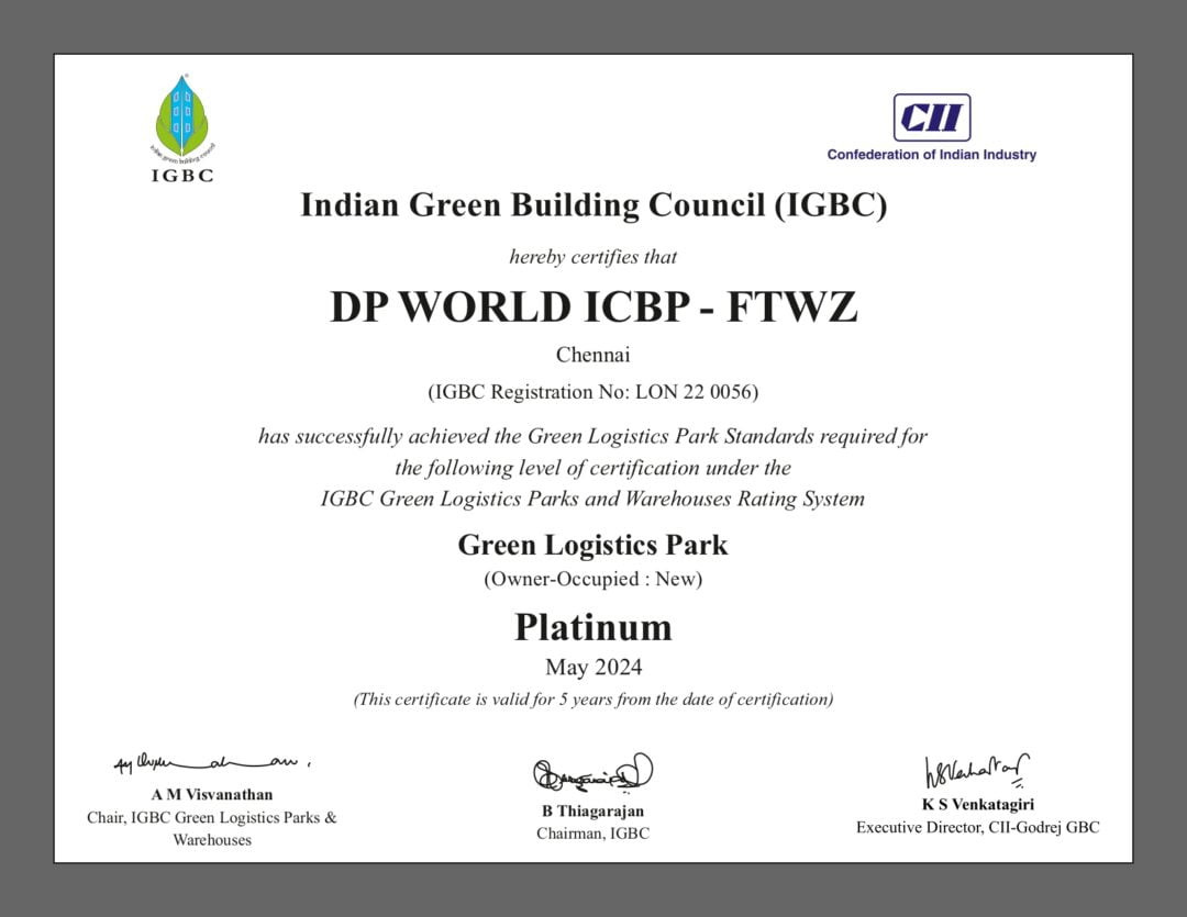 DP World Chennai Financial Zone Achieves IGBC Platinum Certification – Air Cargo Week